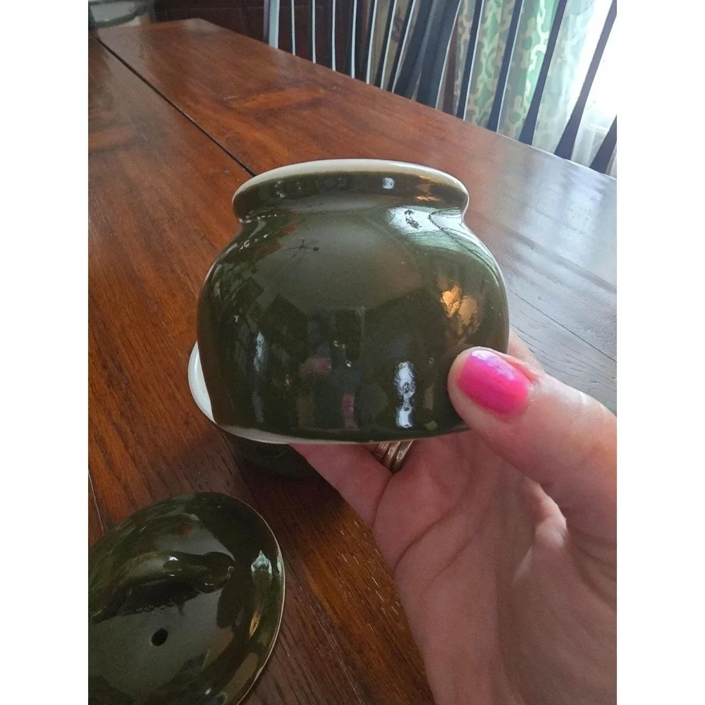 Hall China‎ Vintage Covered Sugar Bowl and Creamer Set Dark Green Made in USA